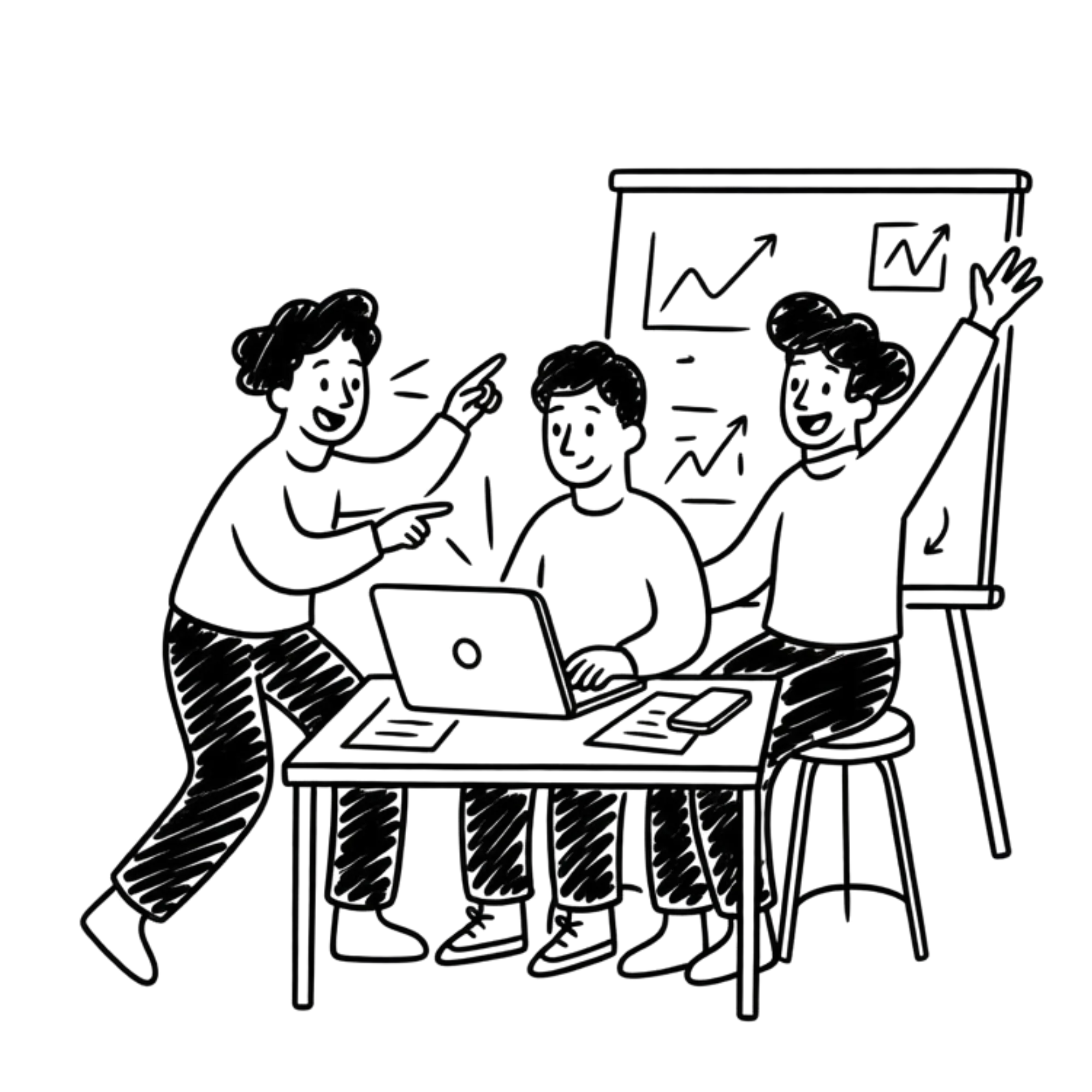 Hand-drawn sketch of a marketing team presenting a campaign — The Morning Beer agency